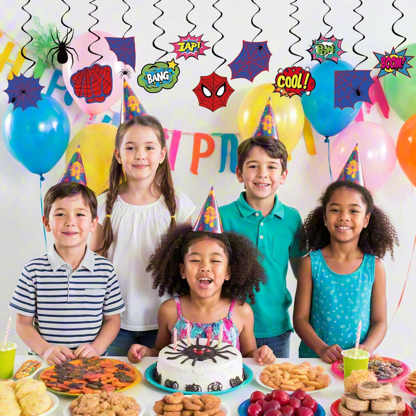 Spider Birthday Decorations Heros Party Decor, Assembled and Ready to Use, Spider Web Theme Party Hanging Swrils 24pcs Party Streamers Kids Birthday Party Decor Supplies