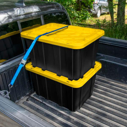 Sterilite 4-Pack 27 Gallon Industrial Storage Tote, Heavy-Duty Plastic Bins, Black/Yellow - Stackable Utility Organizers with Lids for Garage, Camping Tools, and Outdoor Gear