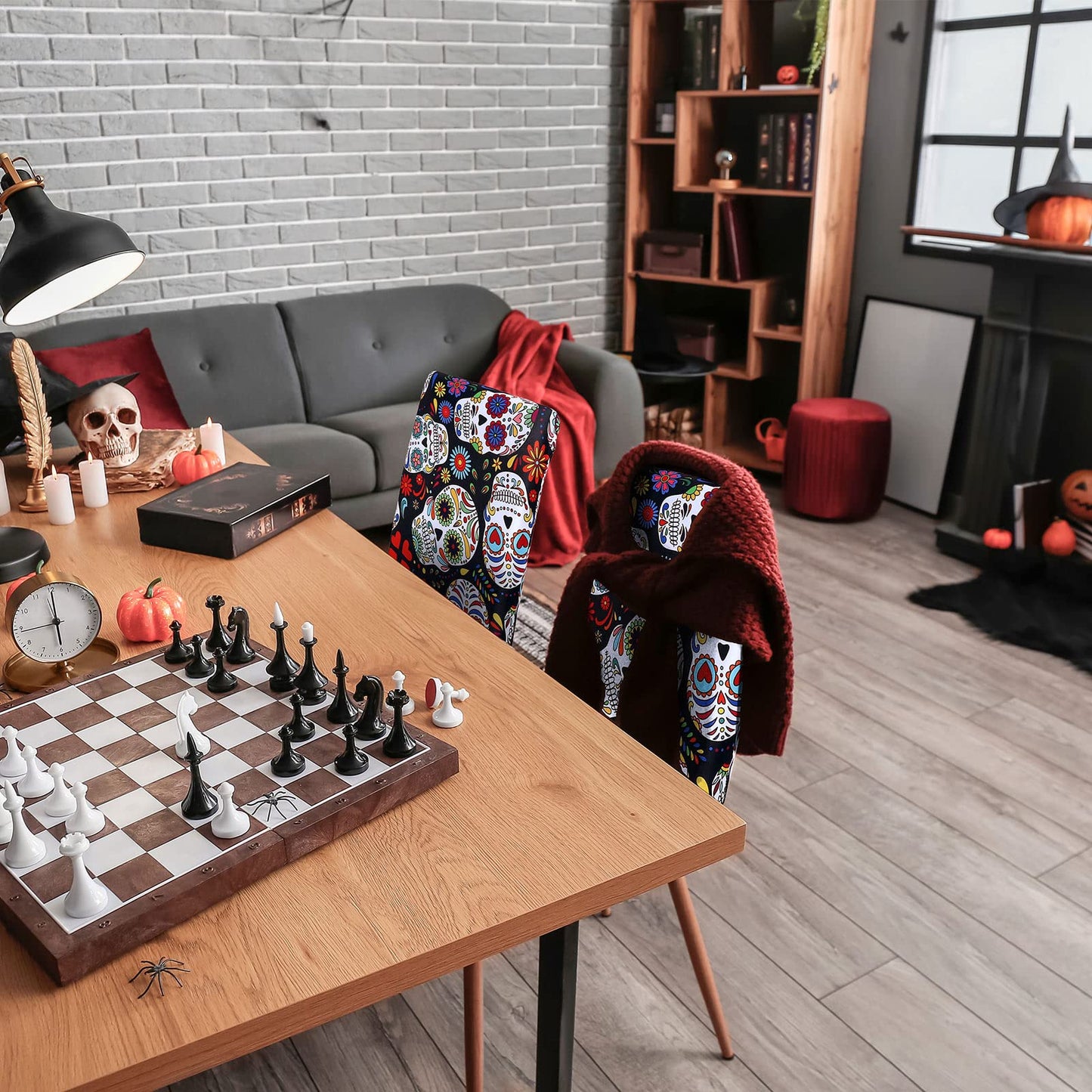 Whaline 4Pcs Halloween Chair Covers The Day of Dead Dining Chair Slipcovers Floral Skull Skeleton Pattern Stretch Elastic Seat Covers for Halloween Party Home Kitchen Hotel Restaurant Ceremony Decor