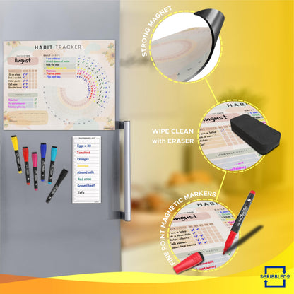 Habit Tracker Journal Workout Motivation Fridge Calendar Dry Erase 13” X 17” Magnet Health Fitness Goal Tracker Goals Board - With Shopping Grocery List - 6 Markers Included