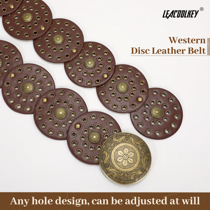LEACOOLKEY Women's Boho Disc Belt Wide Western Leather Belt Vintage Concho Waist Belts for Dress Jeans