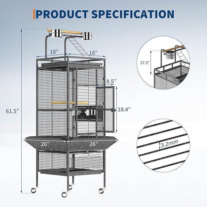 61" Extra Large Bird Cage with Play Top & Rolling Stand – Wide Metal Parrot Cage for Macaws, Cockatoos, Conures, Parakeets, Lovebirds – Includes Bowls