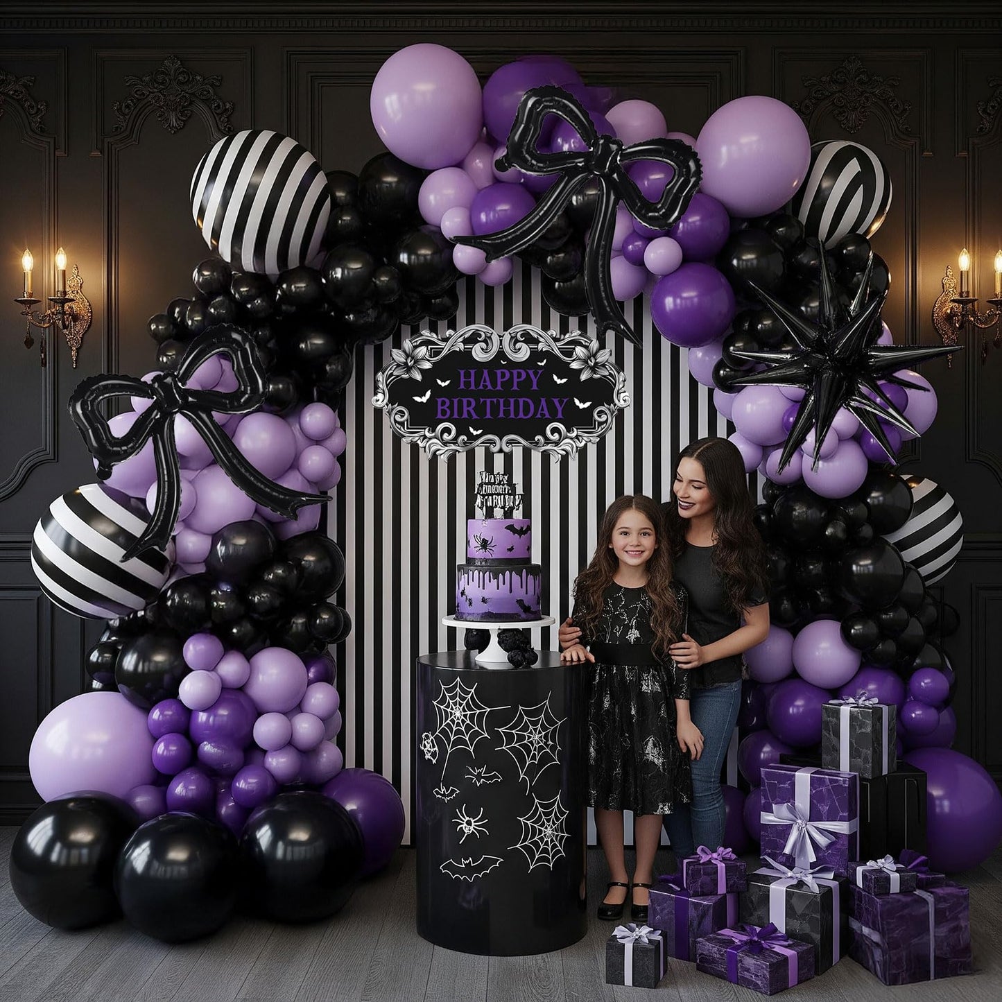 Purple Black Balloon Arch Garland Kit with Bow Star Mylar balloons and Gothic Birthday Backdrop Black white striped balloons for Gothic Girl TV Drama Decorations Spooky Halloween k pop Party Supplies