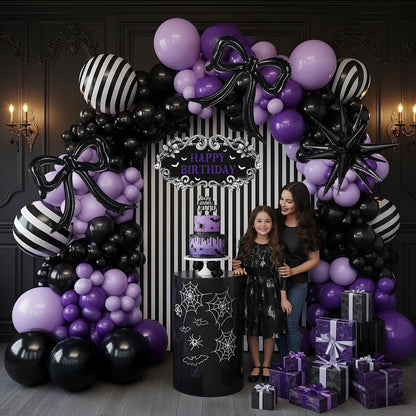 Purple Black Balloon Arch Garland Kit with Bow Star Mylar balloons and Gothic Birthday Backdrop Black white striped balloons for Gothic Girl TV Drama Decorations Spooky Halloween k pop Party Supplies