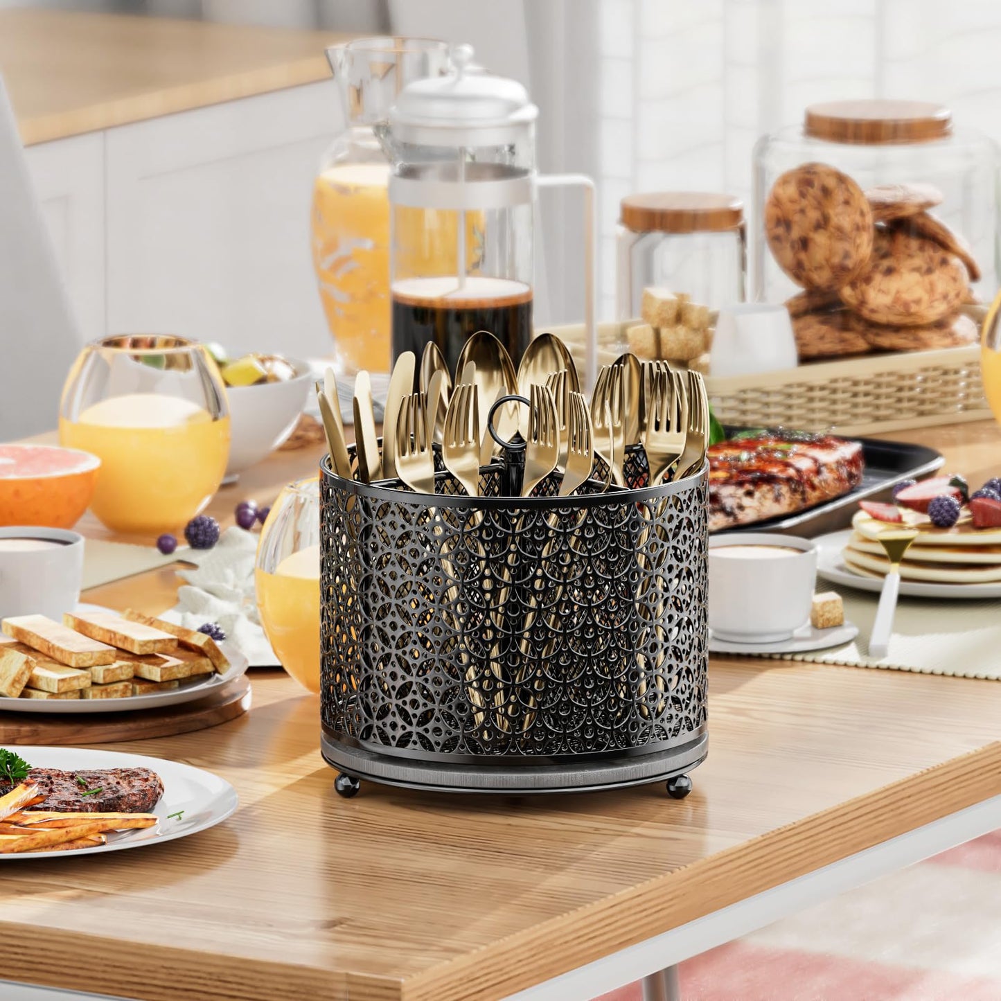 OVICAR 360° Rotating Utensil Holder Caddy - Fast-Drying Silverware Flatware Organizer - 4 Compartment Large Cutlery Holder with Handle For Kitchen Countertop Party Office Picnic Table Black