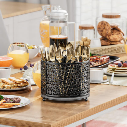 OVICAR 360° Rotating Utensil Holder Caddy - Fast-Drying Silverware Flatware Organizer - 4 Compartment Large Cutlery Holder with Handle For Kitchen Countertop Party Office Picnic Table Black