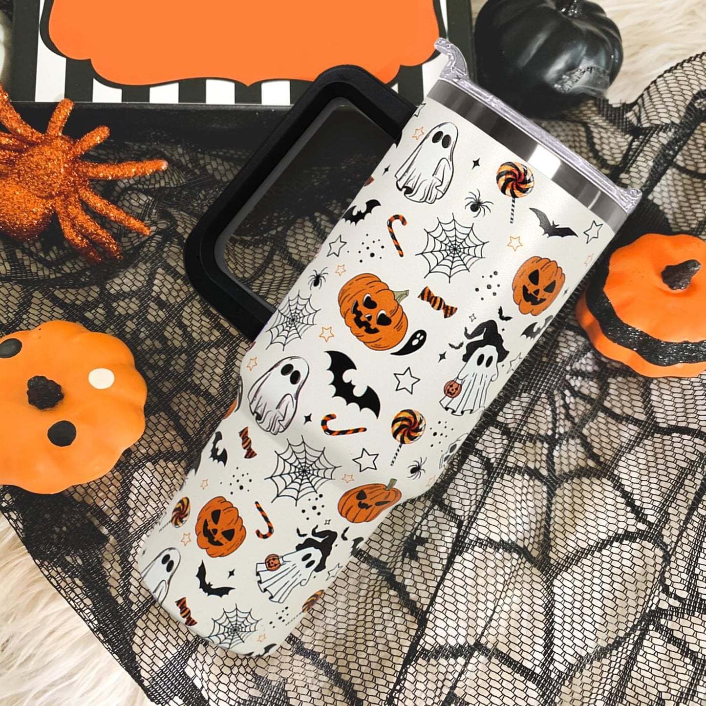 Ceovfoi 40 oz Halloween Pumpkin Tumbler Insulated Stainless Water Bottle Travel Coffee Cup, Water Bottle - Goth Ghost Witch Decor Gift for Women