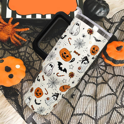 Ceovfoi 40 oz Halloween Pumpkin Tumbler Insulated Stainless Water Bottle Travel Coffee Cup, Water Bottle - Goth Ghost Witch Decor Gift for Women