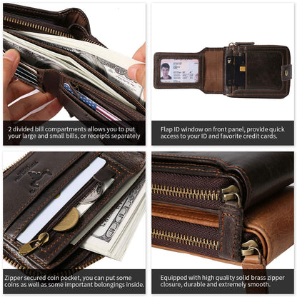 MING CLAN Leather RFID Blocking Bifold Wallet For Men With Zipper, Flap ID Window Zip Coin Pocket, Big Capacity Credit Card Holder For Travel