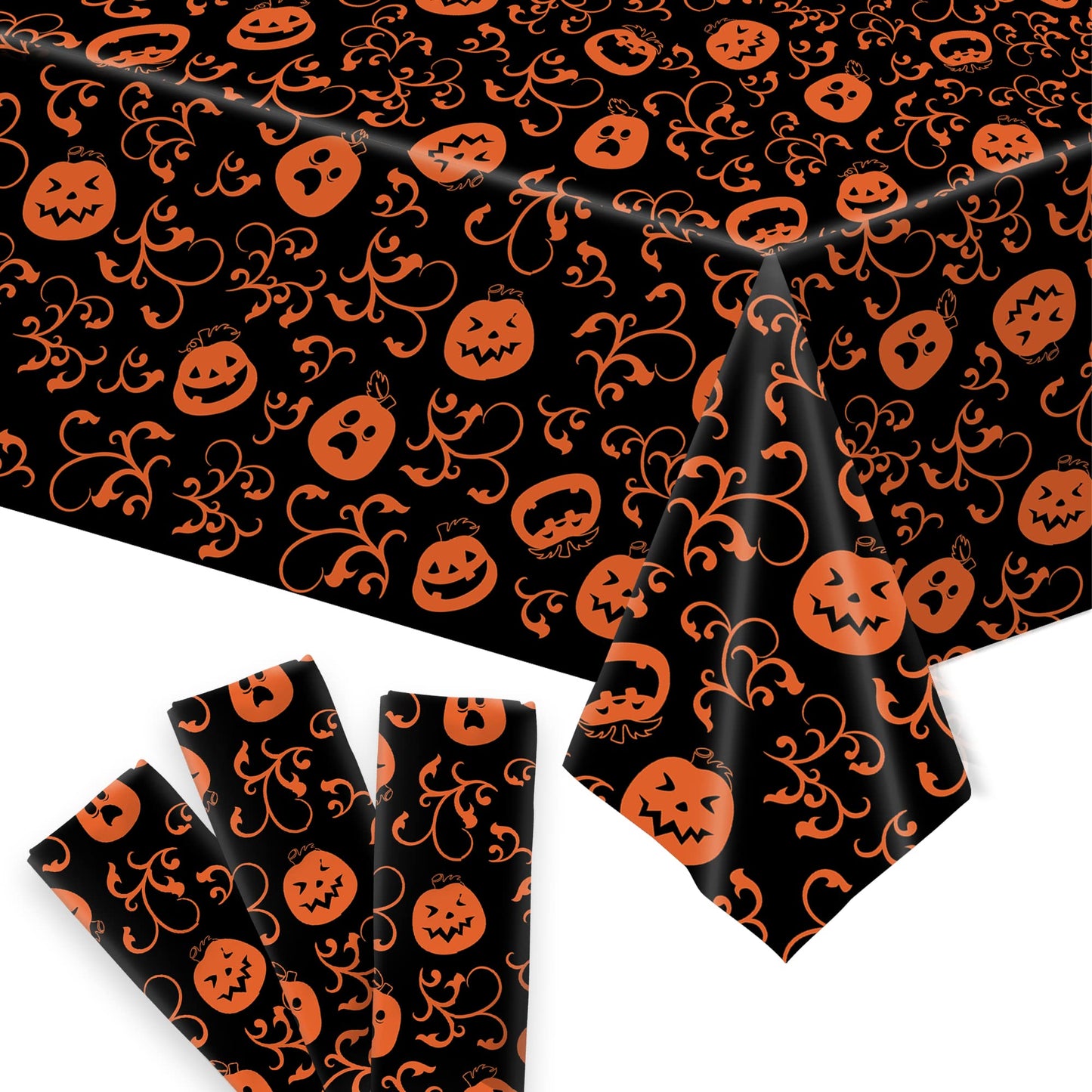 KatchOn, Pumpkin Halloween Tablecloth Plastic - 54x90 Inch, Pack of 3 | Pumpkin Tablecloth, Black and Orange Halloween Table Covers | Table Cloth Disposable