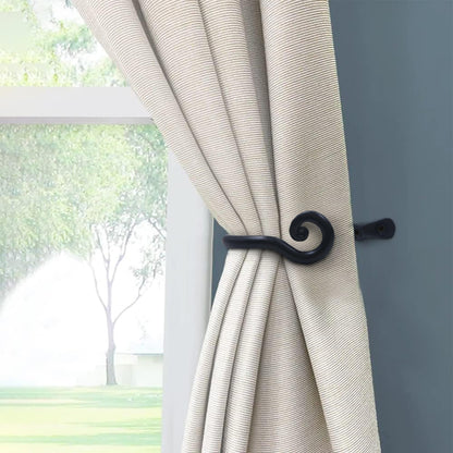 The Metal Magician Sturdy Wrought Iron Wall Mounted Curtain Holdbacks - Curtain Holders for Living Room, Bedroom, Kitchen, Office - (Curly - Black) - Pack of 2