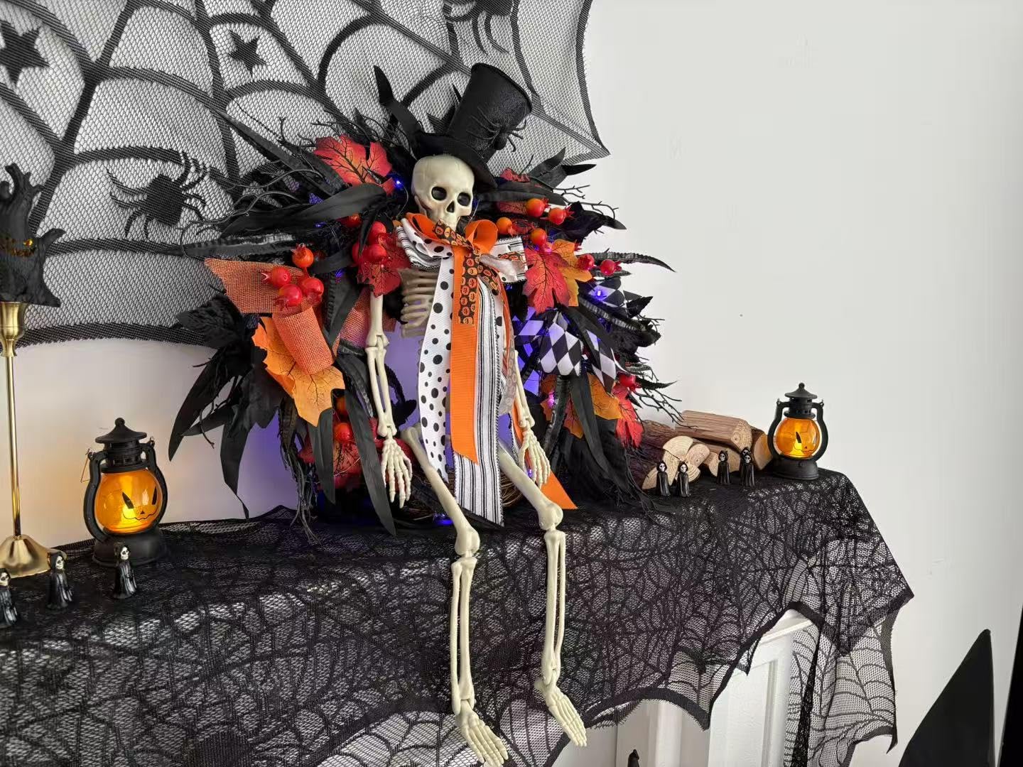 HipTree 28 Inch Halloween Skeleton Wreath for Front Door with Lights, Lighted Gothic Dark Aesthetic Door Wreath with Autumn Leaves Indoor Decorations Centerpiece Party Holiday Wall Home Decor