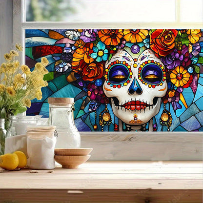 HOMETITUTE Day of The Dead Window Film 39.3x17.7 Inch Sugar Skull Cling Dia de Los Muertos Gothic Halloween Window Sticker for Glass Decor Calavera Removable Window Art for Home Office