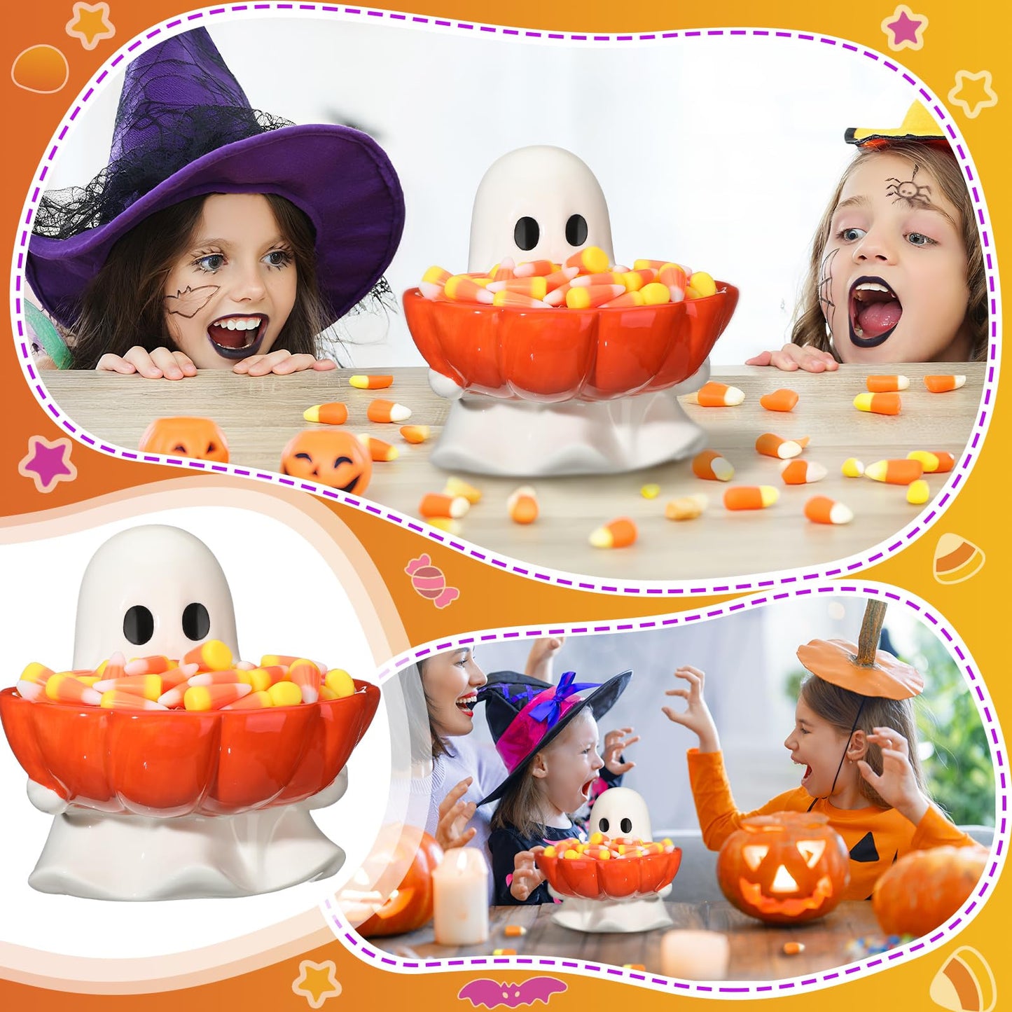 Reallnaive Halloween Candy Bowl Ghost Shaped Ceramic Candy Dish Ghost Serving Tray Cute Halloween Tabletop Decoration Cookie Jar for Party Supply
