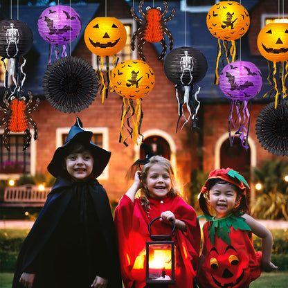 12Pcs Halloween Decorations Paper Lanterns with Led Lights, Hanging Pumpkin Bat Skeleton Lanterns Spider for Indoor & Outdoor Spooky Home Decor Halloween Party Supplies Props 10" 12"