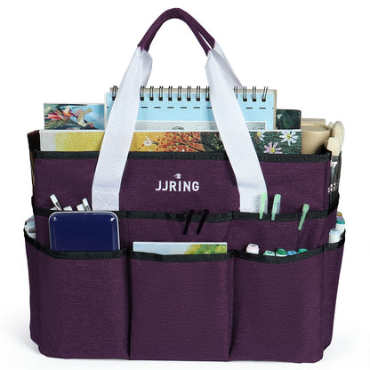 JJRING Craft Organizer Tote Bag, Large Art Storage Caddy with Multiple Pockets, Deep Purple Sewing Bag for Art, Craft, Scrapbooking, Medical, and Office Supplies Storage