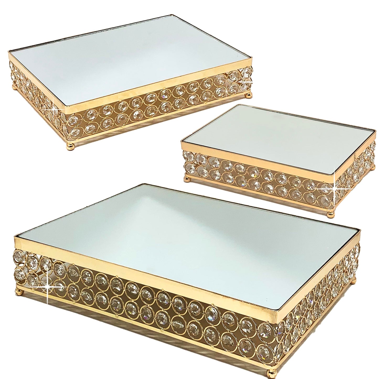 Allgala Wedding Cake Stands 3-Piece Set Crystal Gold Plated Cheese Dessert Cupcake Cake Stand with Mirror Plate-Gold Rectangle-HD89203