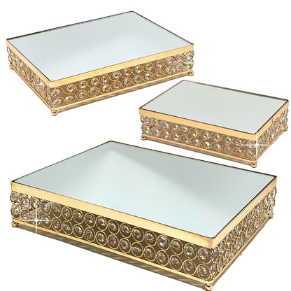 Allgala Wedding Cake Stands 3-Piece Set Crystal Gold Plated Cheese Dessert Cupcake Cake Stand with Mirror Plate-Gold Rectangle-HD89203