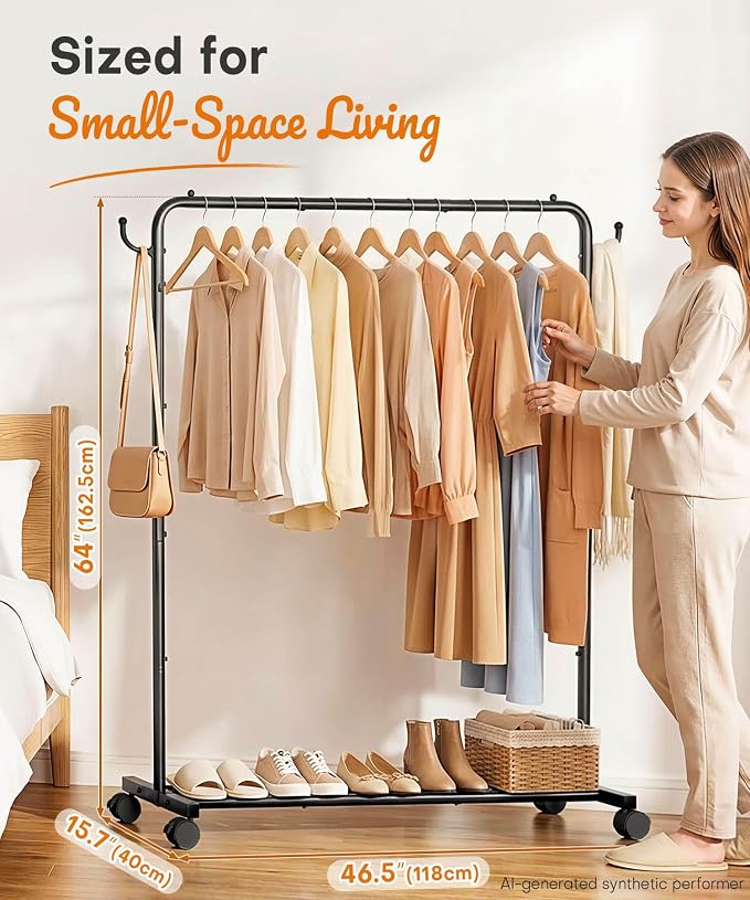 Homde Heavy Duty Clothes Rack: 120lb Standing Garment Storage for Indoor - Rolling Hanging Rod for Bedroom Laundry Room - Coat Dress Organizer on Wheels with luggage shelf (Black, 46.5")