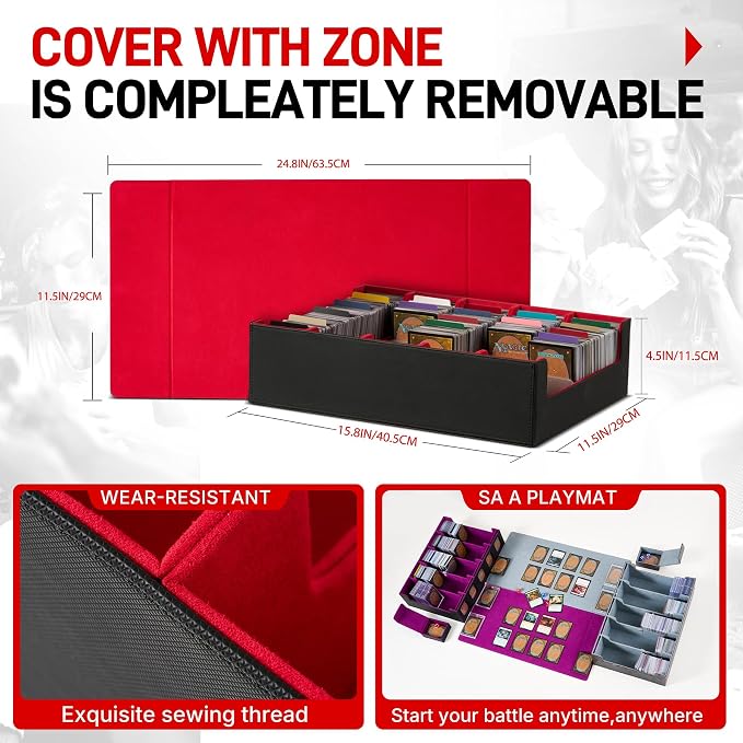 Magnetic Leather Trading Card Storage Box - 5-Row Deck Case Design, 3900+ Capacity for YuGiOh, MTG, TCG and Sports Cards, Includes 24 Colorful Dividers & 5 Card Supports（Black/Red）