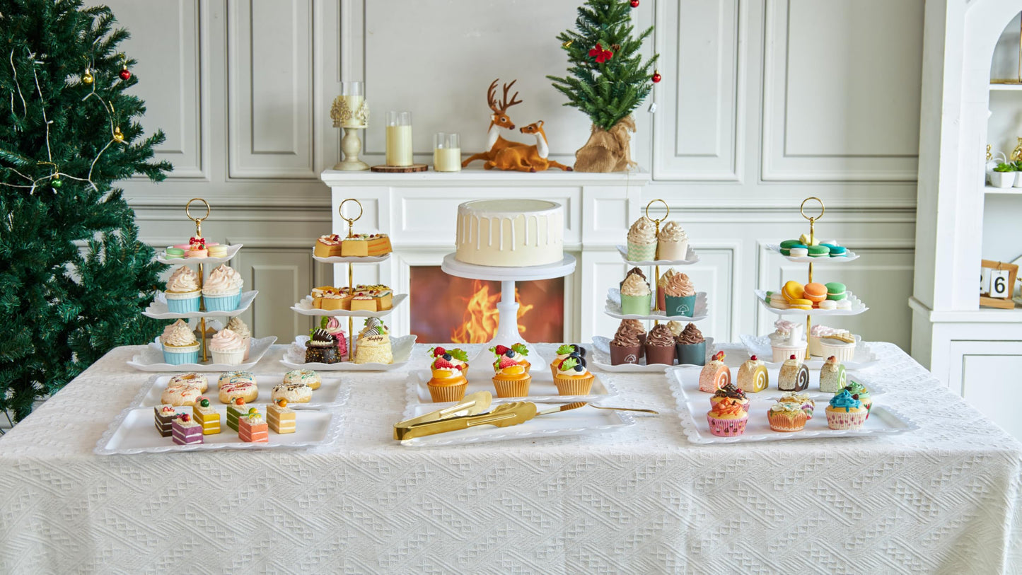 SMARTGUIVAL 13-Piece Cake Display Set, 4 Square 3-Tier Cupcake Stands, Large Cake Stand, 6 Rectangular Trays, Golden Tongs & Server – Dessert Table Display for Weddings, Baby Showers & Parties