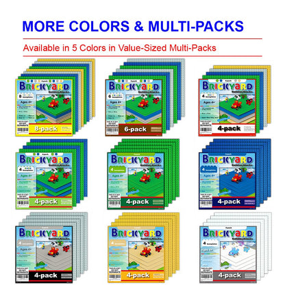Brickyard Building Blocks Lego Compatible Baseplate - Pack of 4 Large 10 x 10 Inch Base Plates for Toy Bricks, STEM Activities & Display Table - Green, Blue, Gray, Sand