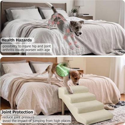 4-Step 18" H Dog Stairs for Bed Couch, Waterproof & Scratch PU Leather Pet Steps for Small Senior Dogs and Cats, Dog Ramp with 220 lbs Maximum, Oak Leg & Solid Wood, Non-Slip Feet, Cream
