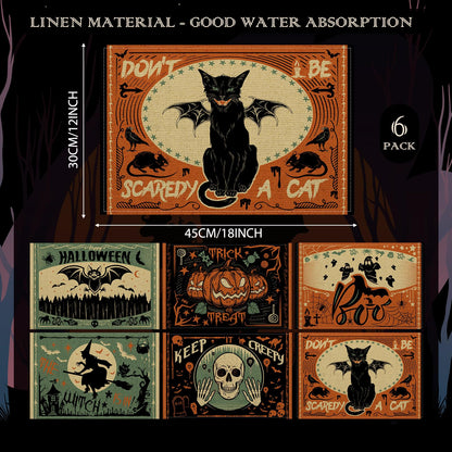 Umigy 6 Pcs Halloween Placemats 12"x18" Gothic Bat Placemats Kitchen Decoration Washable Witch Place Mats Rectangle Skull Table Mats for Halloween Dining Table Accessories(Scary)