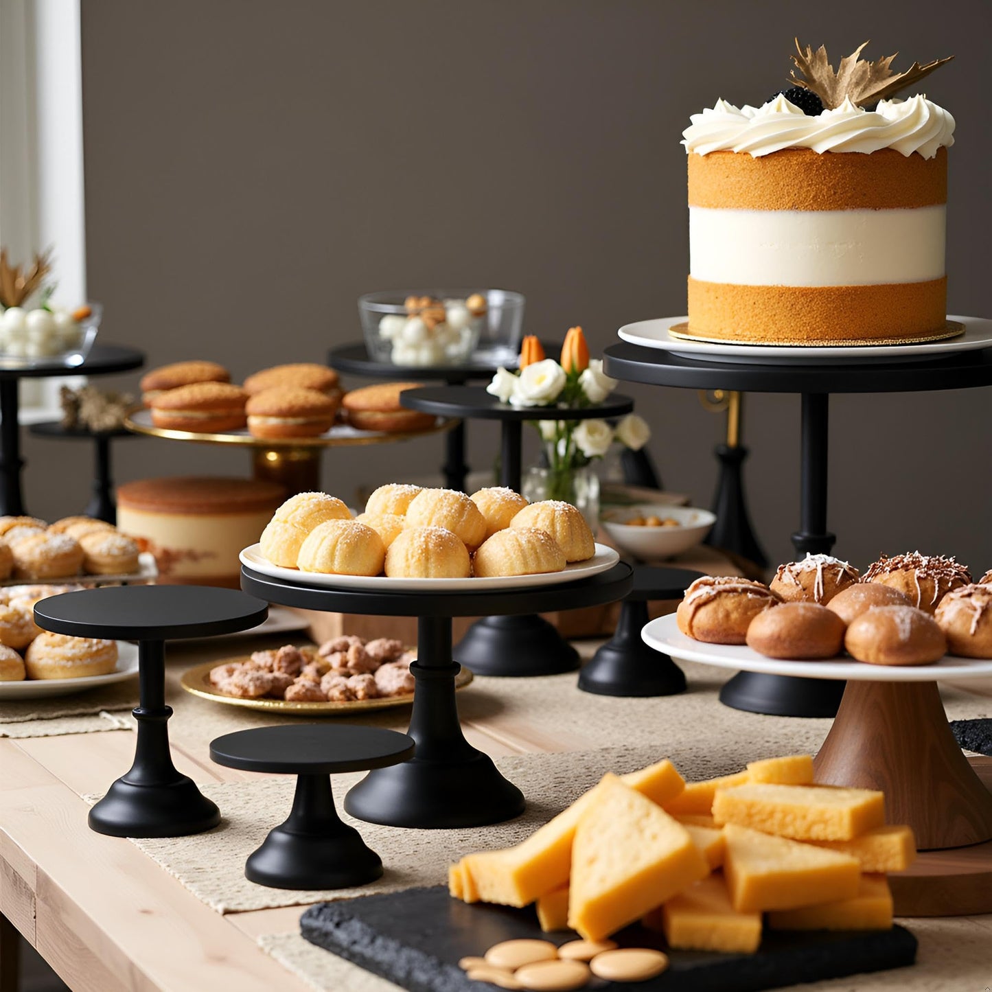 HBlife 3-PCS Black Cake Stand Set (8"/10"/12" Plate) for 6-10 Inch Cakes, Perfect Dessert Table Display Set, Cupcake&Cake Stands for Halloween, Black and Gold Party Decorations (Metal)