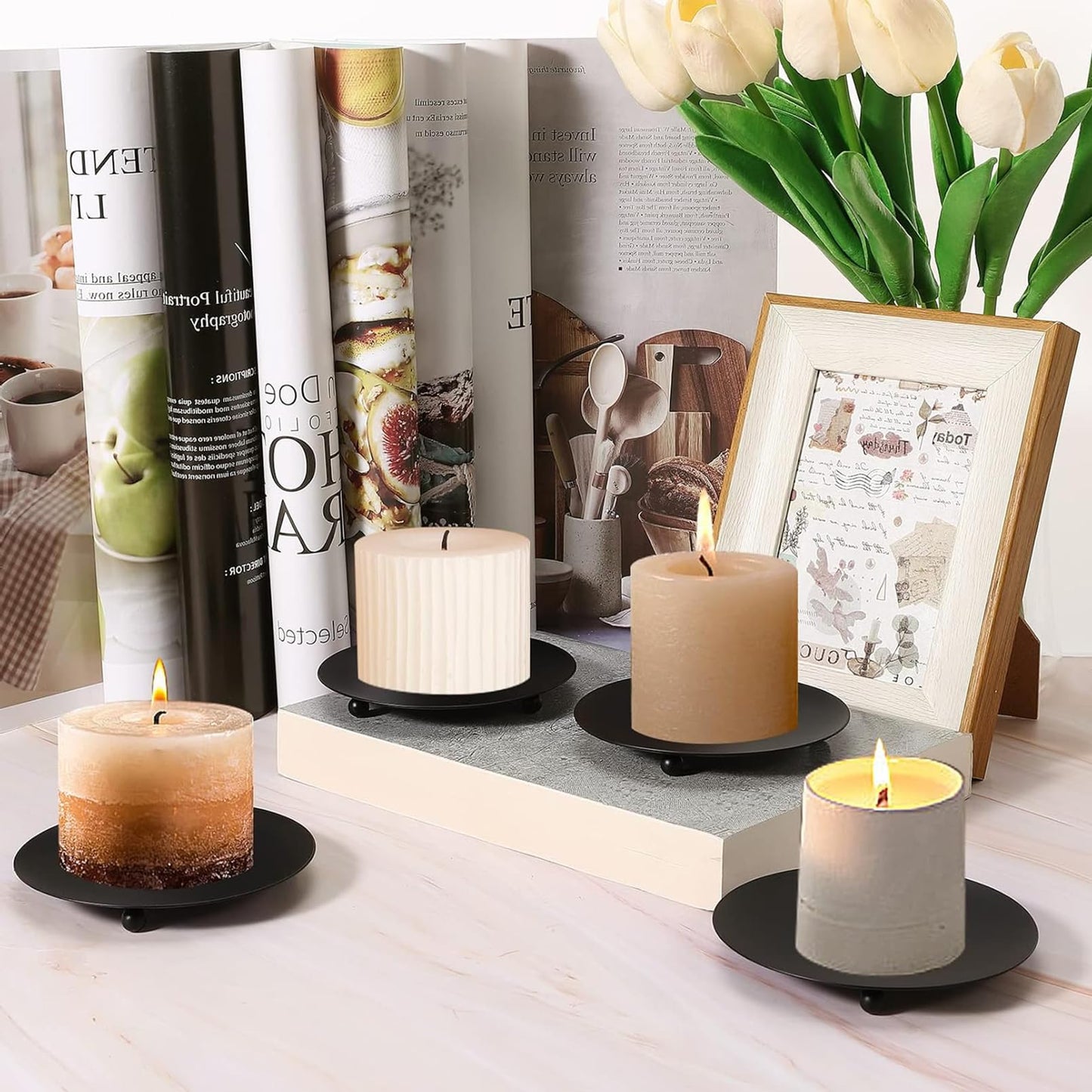 Bgtecho 8PCS Black Candle Holder Iron Plate, 4'' Stand for LED & Wax Candles, Decorative Pillar Plate for Incense Cones, Spa, Weddings, Party