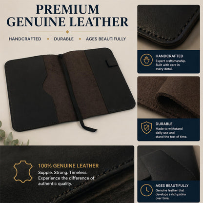 TheAntiq Premium Leather Journal Cover A5 – Handmade Refillable Notebook Cover Sleeve with Pen Holder for Writing, Travel & Business Use 5.75 x 8.25 (Black)