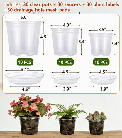 RZOIKZOI 30-Pack Clear Nursery Pots with Saucers (3.5/4/5 Inch) – Transparent Plastic Plant Pots with Drainage Holes and 30 Labels, Assorted Sizes for Seed Starting, Succulents, Indoor and Outdoor Use