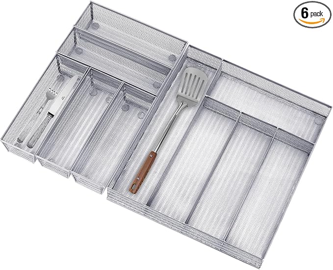 Neudeco Drawer Organizer Set, Silver Mesh, 6 Pack | 5-Compartment Silverware Tray, 5 Utensil Trays, Non-Slip, For Flatware, Cutlery, Office Supplies