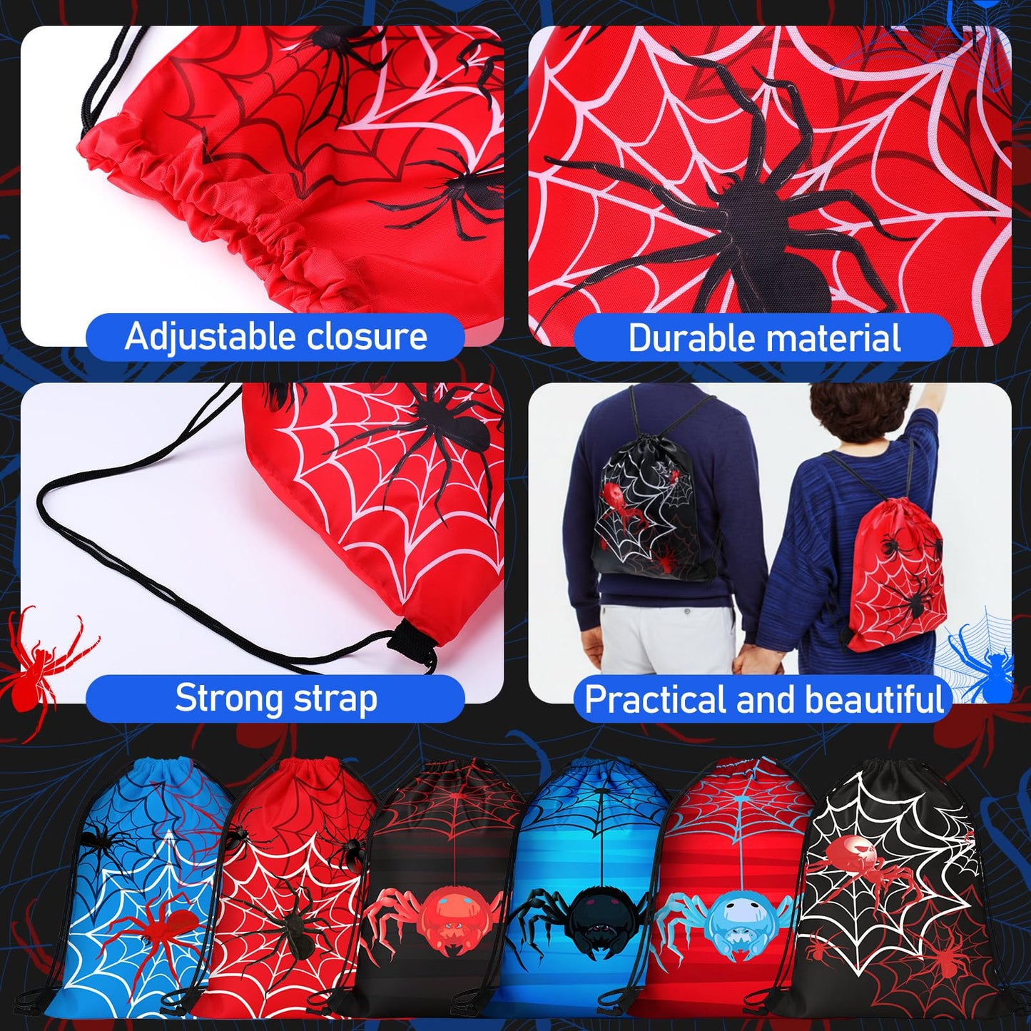 Potchen 48 Pcs Spider Party Favors Birthday Party Supplies Includes Drawstring Bag Backpack Plastic Goodie Cups with Lids Bracelets for Summer Fillers Stuffers Birthday Favors Rewards Gifts