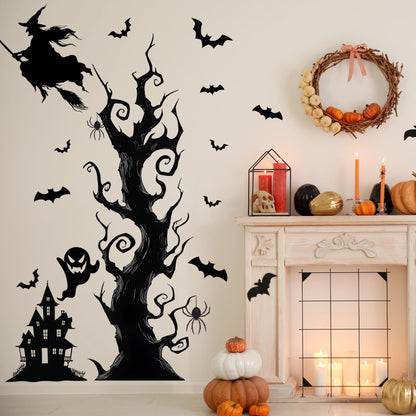 Halloween Wall Decals,Peel and Stick Halloween Theme Decor Stickers,Removable Vinyl Spooky Scary Face Wall Sticker for Holiday Party Decor. (Haunted House Creepy Tree Bats Wall Decals)