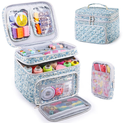 AMOIGEE Double-Layer Sewing Organizer Storage Bag with 2 Detachable Pouches, Large Quilted Sewing Basket for Supplies & Tools, Portable Travel Sewing Kit Case, Gift for Mom(Bag ONLY)