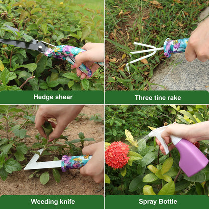Gardening Tools Set for Women, 10-Piece Purple Floral Heavy Duty Garden Tool Set with Storage Tote Bag, Gardening Tools Kit with Ergonomic Non-Slip Handle, Ideal Women's Gift for Gardening
