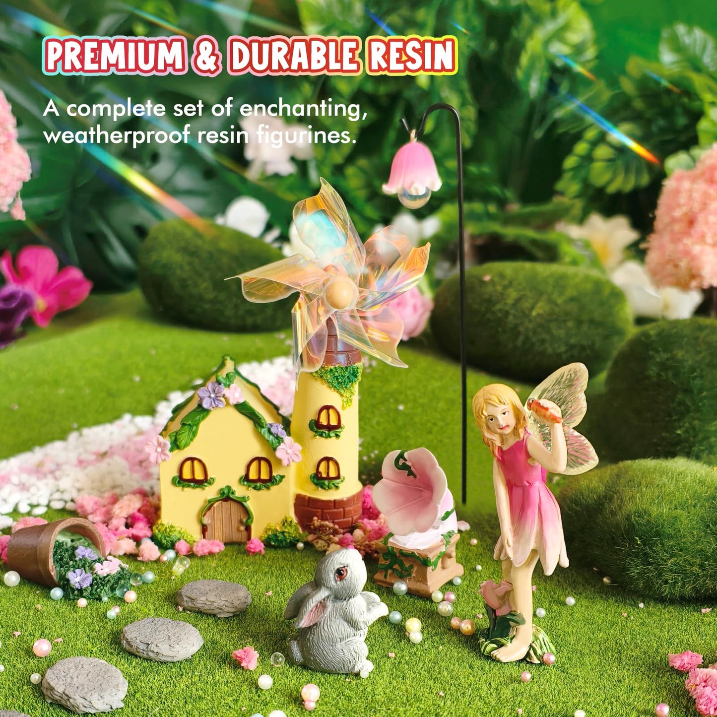 DONABELA Fairy Garden Kit Pink Mini Windmill House Decor Set Rabbit Flower Pot Supplies Signpost CD Player Resin Figurines Accessories Gift Indoor Outdoor Yard