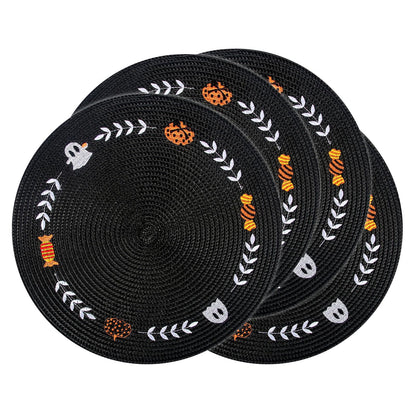 Whaline 4 Pcs Round Halloween Placemats Embroidered Place Mats Spooky Ghost Pumpkin Candy Dinner Table Mats for Home Halloween Trick or Treat Party Table Decor