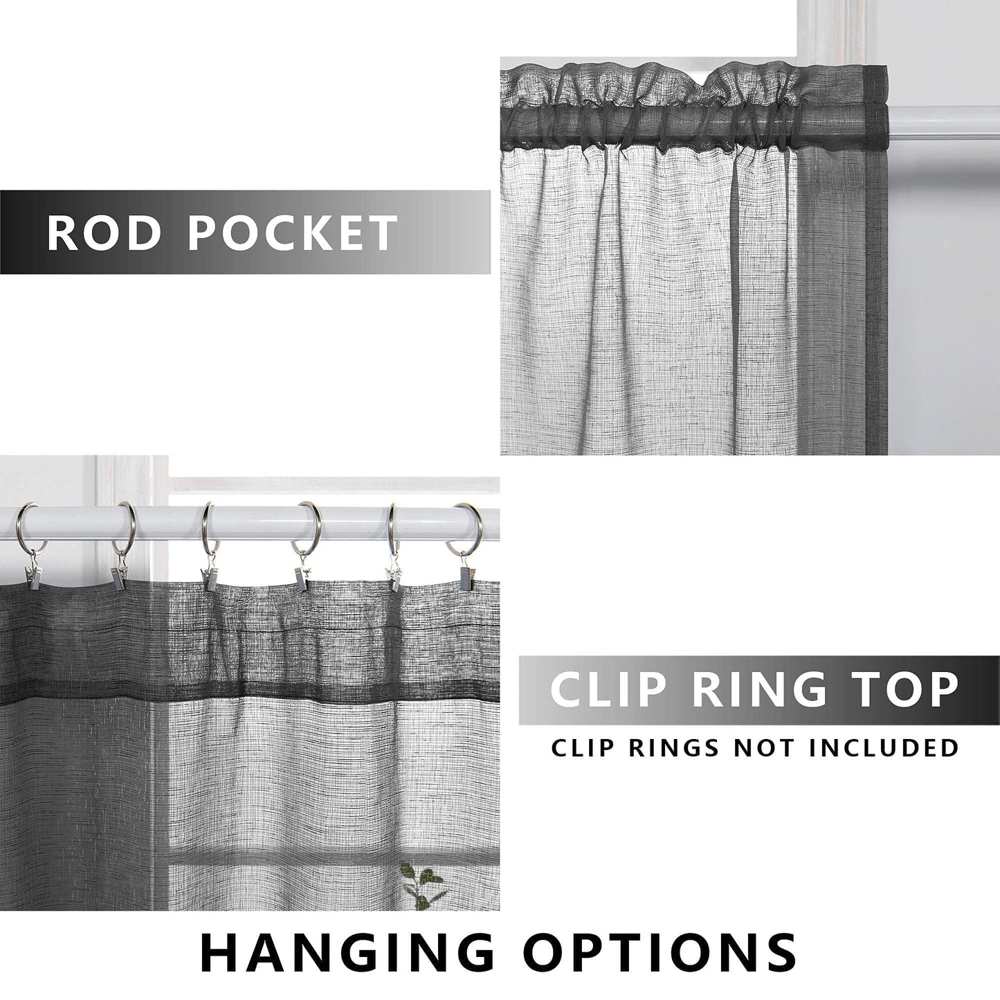 Charcoal Grey Linen Look Sheer Curtains 63 Inch Length for Kitchen 2 Pack Rod Pocket Breathable Airy Gray Curtains for Bathroom Window Laundry Canopy Sitting Room Reading 52x63 Inches Long Dark Grey