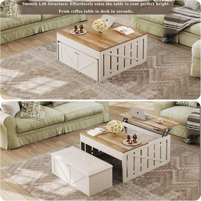 HUAHUU Lift Top Coffee Table with Storage Hidden Compartment, 31.5" Farmhouse Coffee Tables with Ottoman Bench, Center Table with Wooden Lift Tabletop for Living Room, White
