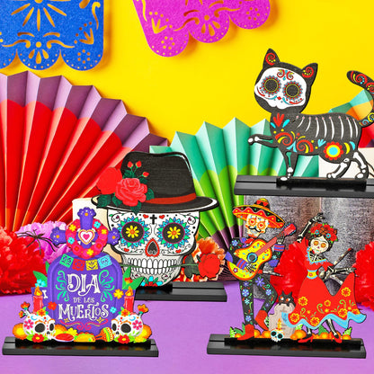 HOWAF 4PCS Day of The Dead Table Decorations,Wooden Mexican Dia De Los Muertos Altar Centerpiece with Sugar Skull Dancing Ghost Skeleton Couple Skeleton Cat Altar for Day of The Dead Alter Decor