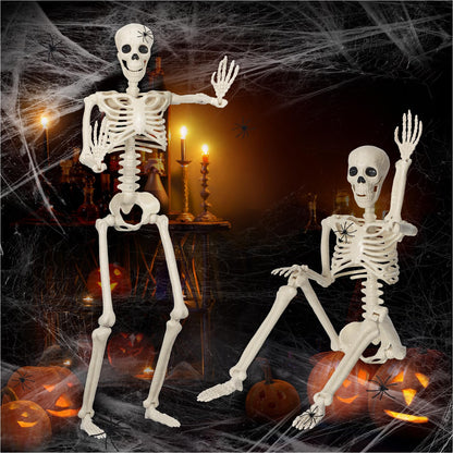 2 Pack 36" Skeleton Halloween Decorations,3Ft Plastic Posable Skeleton with Movable Joints,with 20 Spiders & Spider Webs for Halloween Party Decorations,Yard Haunted House Props Indoor Outdoor Decor
