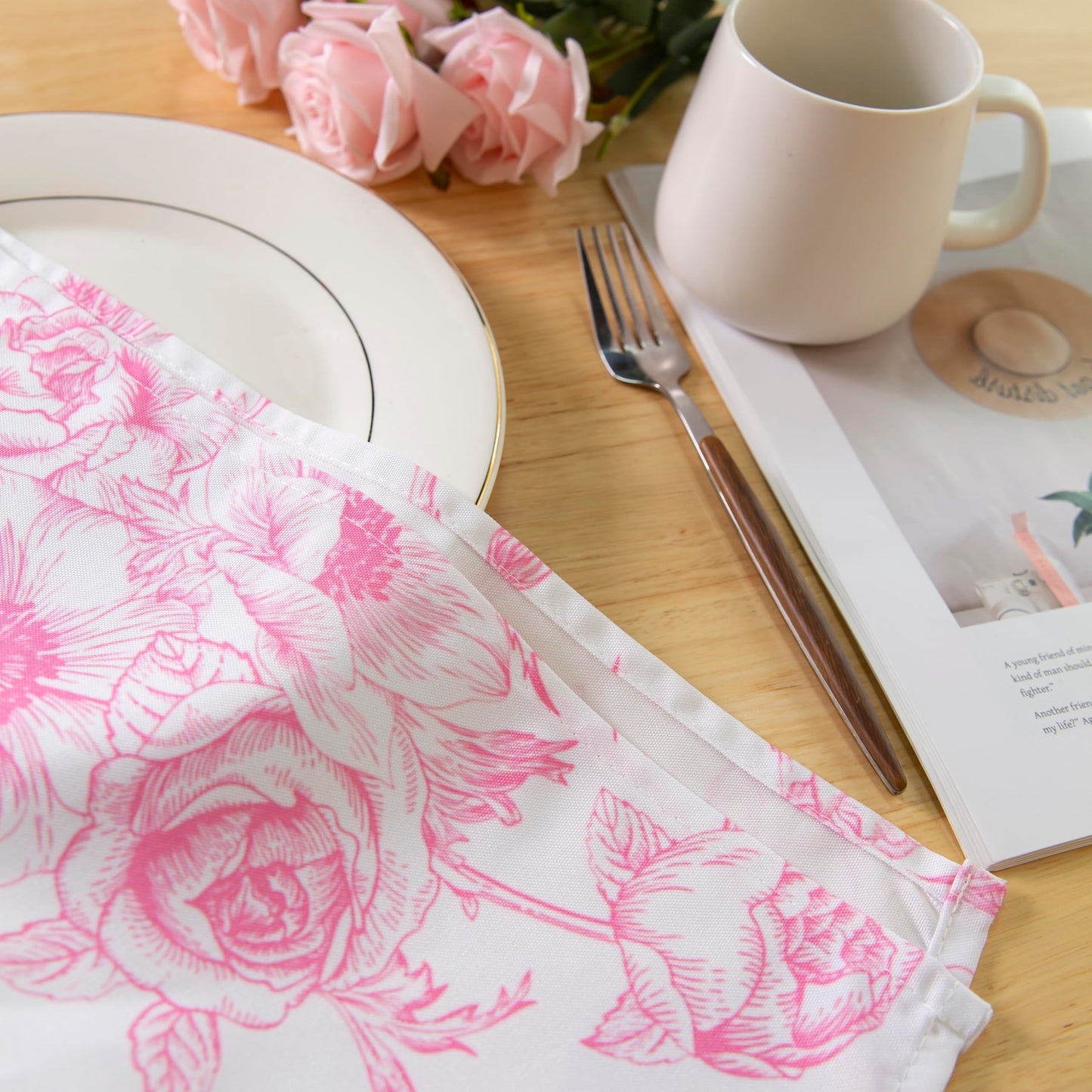 PLOYMONO Pink Floral Heavy Duty Cloth Napkins - 17 x 17 Inch Solid Washable Polyester Dinner Napkins - Set of 8 Napkins with Hemmed Edges - Great for Weddings, Parties, Banquets Dinner & More