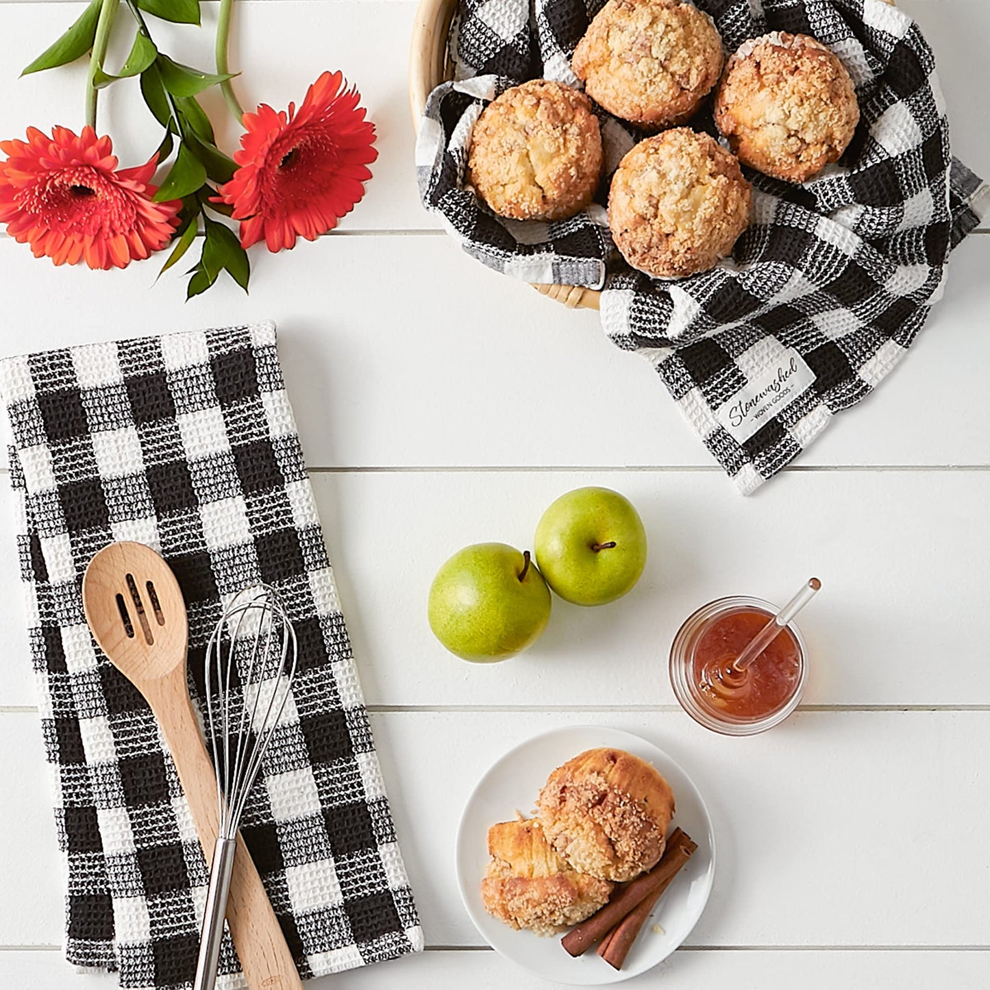 DII Washed Waffle Weave Collection, Dishtowel Set, 18x28, Black Check, 2 Piece