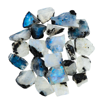 Gemkora 250 ct. Natural Blue Flash Raw Tourmilated Moonstone Crystal Rough Gemstone, Rock, Jewelry Making Supplies, Chakra Healing, Art-DIY Stone, (25 to 30pcs) (10-15mm)