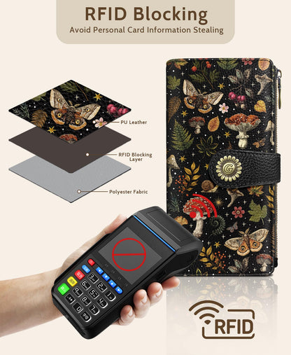 GIANCOMICS Butterfly Mushroom Womens Wallet RFID Blocking, Credit Card Holder Bifold, PU Leather Travel Billfold, Cute Cash Purse, Zipper Coin Pocket Clutch, 11 Card Slots, Ladies Gift Woman