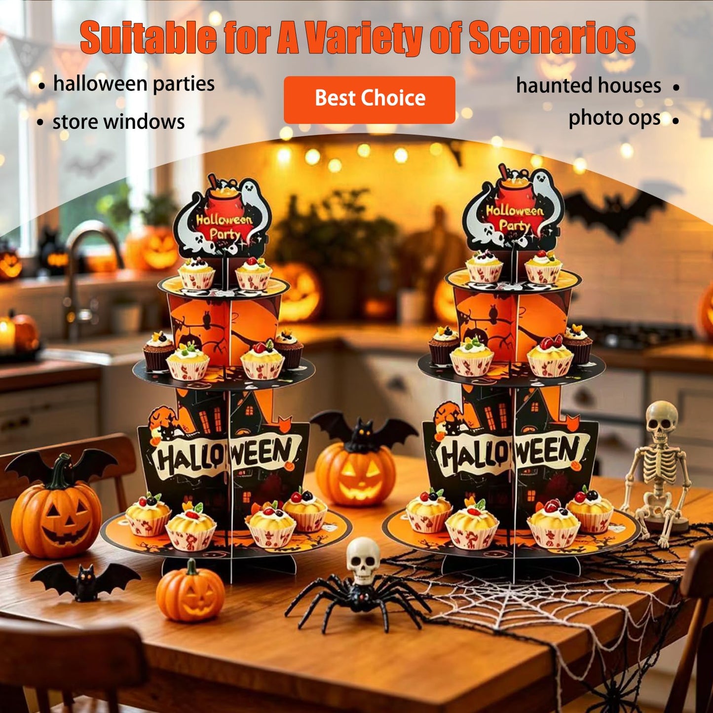 2PCS 3-Tier Halloween Paper Cupcake Stand, Halloween Themed Dessert Display Rack, Heavier-Gauge Paper Display Stand for Home Party & Dessert Serving (Multicolor)
