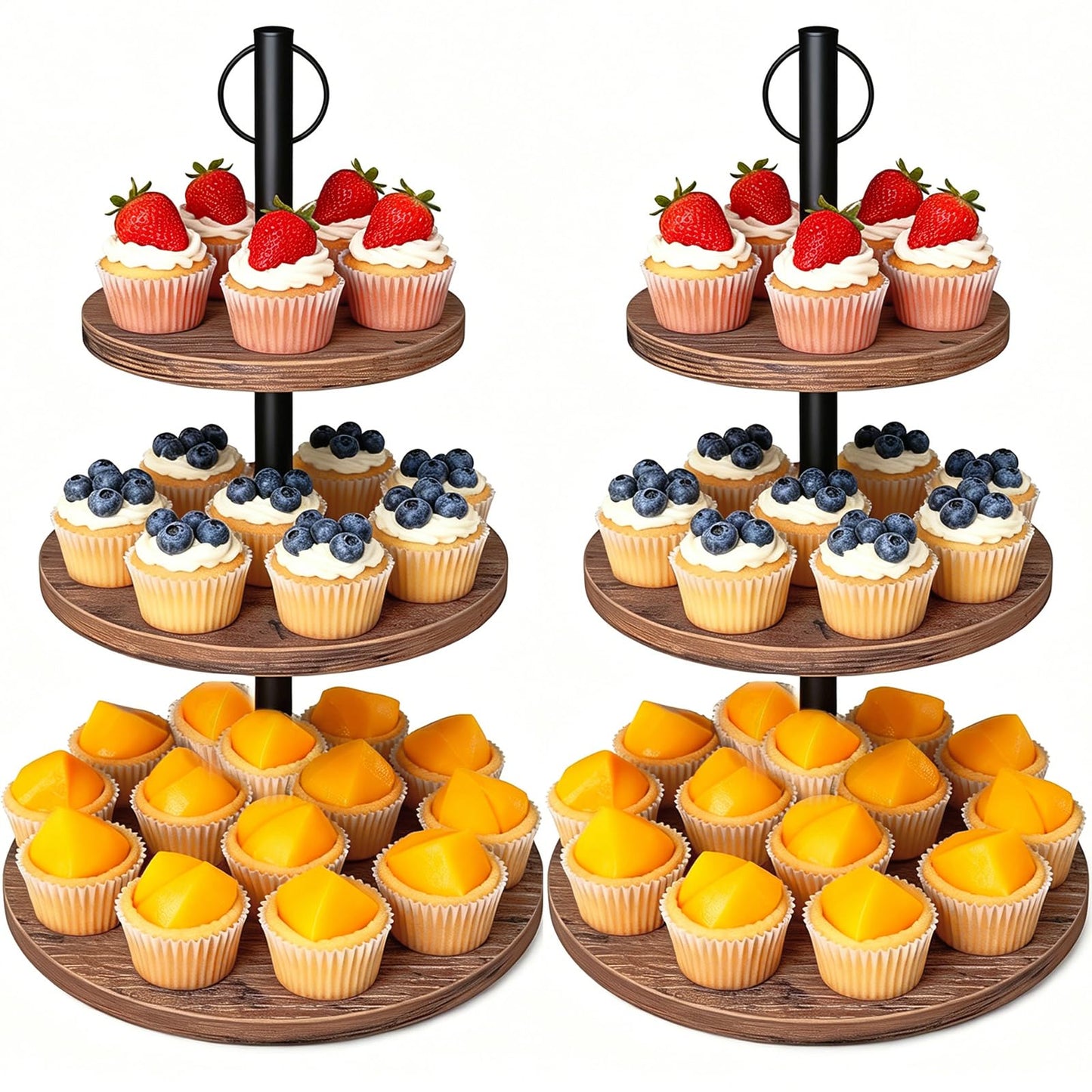 LZelriy Cupcake Stand, 2 Pack Rustic Wood Cake Stand, 3 Tier Cupcake Tower Round Tiered Tray Stand for Dessert Table Display, Industrial Wooden Serving Stand Wedding, Graduation and Baby Shower