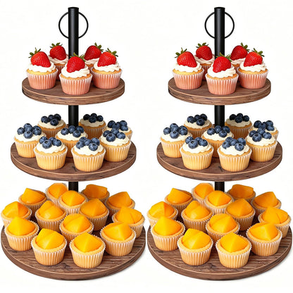 LZelriy Cupcake Stand, 2 Pack Rustic Wood Cake Stand, 3 Tier Cupcake Tower Round Tiered Tray Stand for Dessert Table Display, Industrial Wooden Serving Stand Wedding, Graduation and Baby Shower